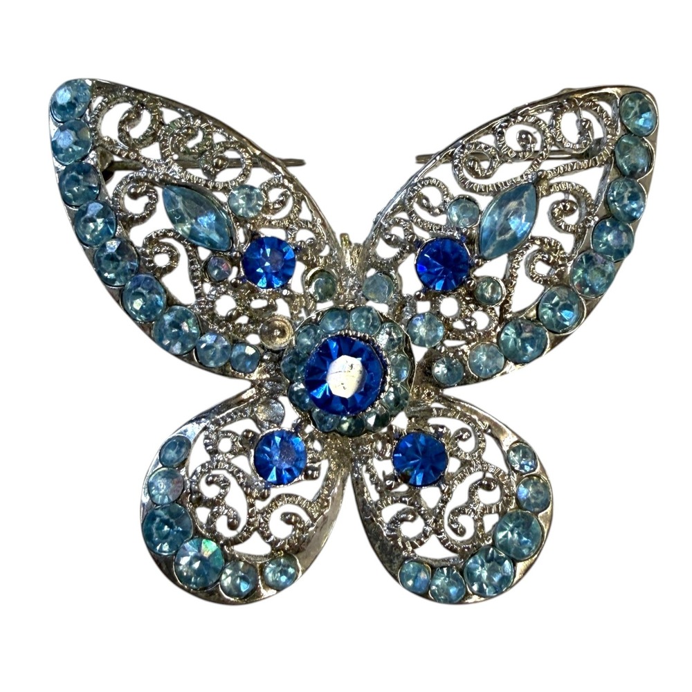 Unbranded Butterfly Brooch Women OS Blue Excellent Filigree Rhinestone Pin